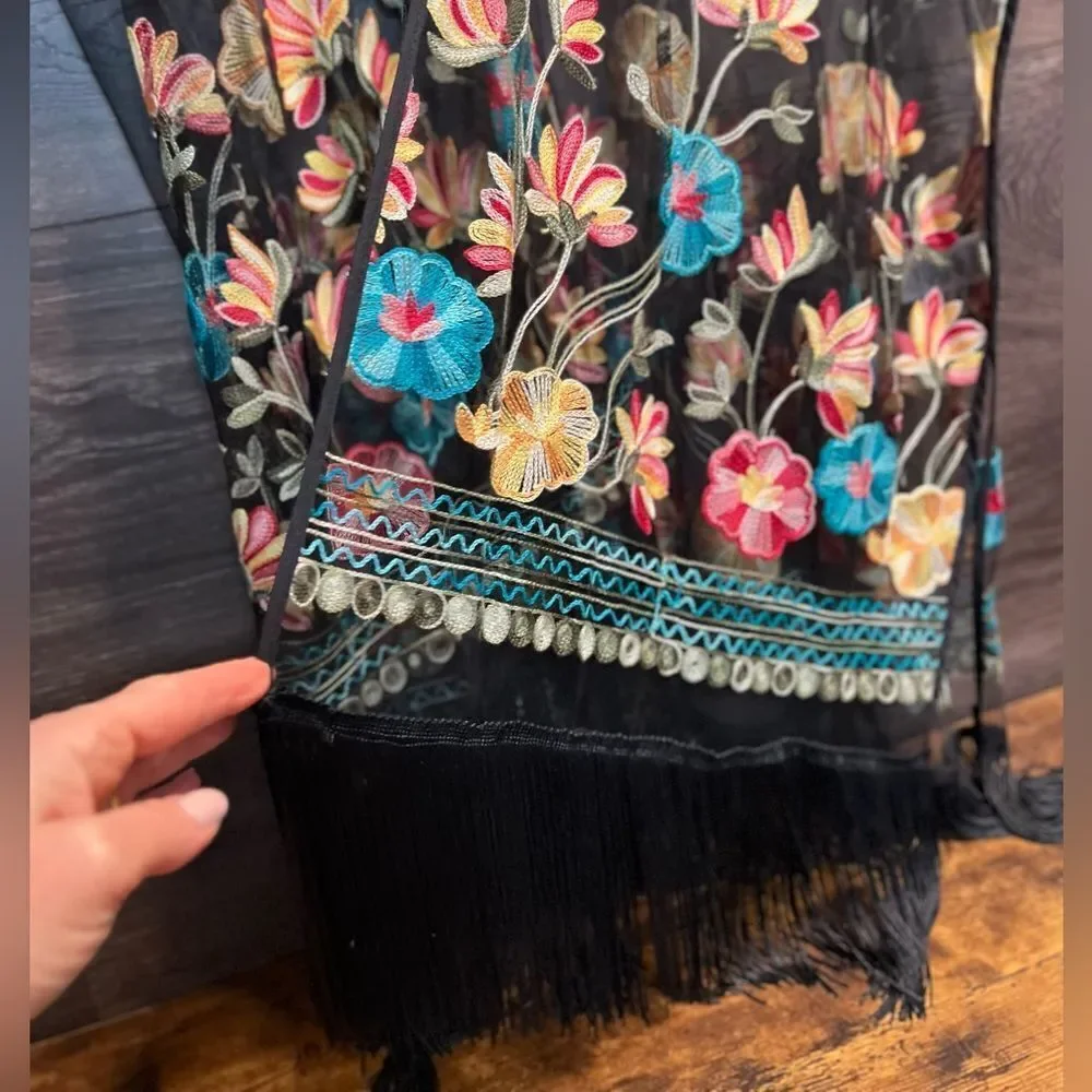 Haute Hippie Black Mesh Floral Embroidered Fringe Boho, Festival Kimono, OS, NWT